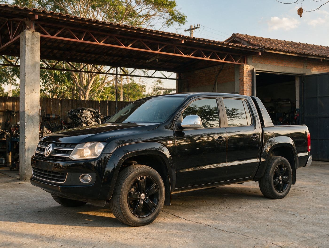 Volkswagen Amarok preta em frente à oficina
